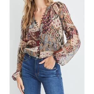 Veronica Beard 'Jayce' Red Patchwork-Print V Neck Blouse Size 0